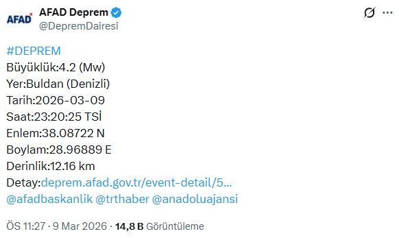 Denizli'de bir deprem daha! Şimdi de 4.2 ile sallandı