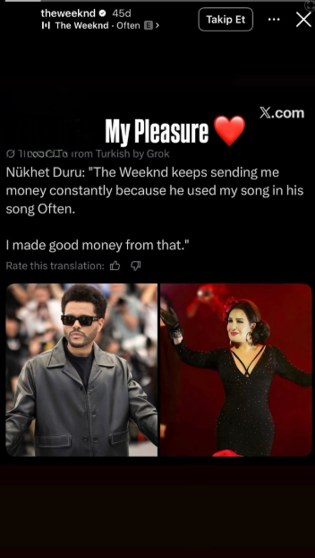 Nükhet Duru kazancını açıkladı, The Weekend sosyal medyadan yanıt verdi