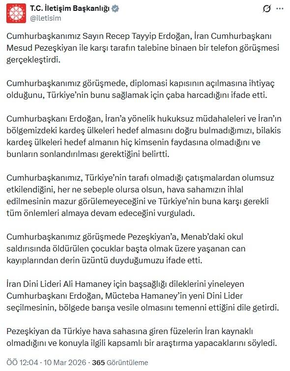 Erdoğan ile Pezeşkiyan arasında telefon görüşmesi