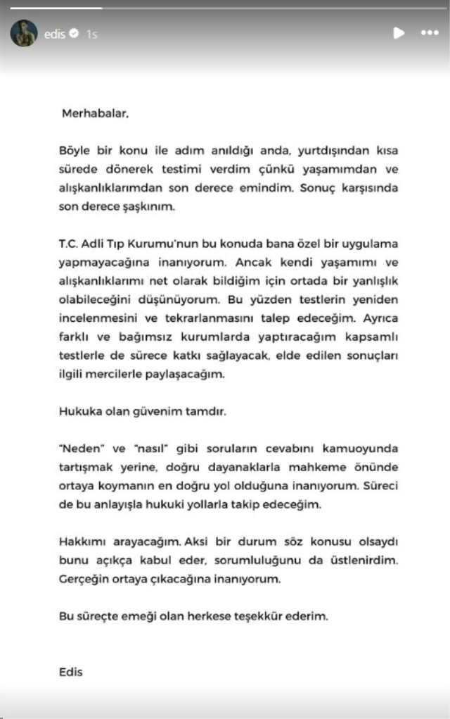 Testi pozitif çıkan Edis'ten ilk açıklama: Şaşkınım