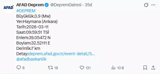 Ankara'da korkutan deprem