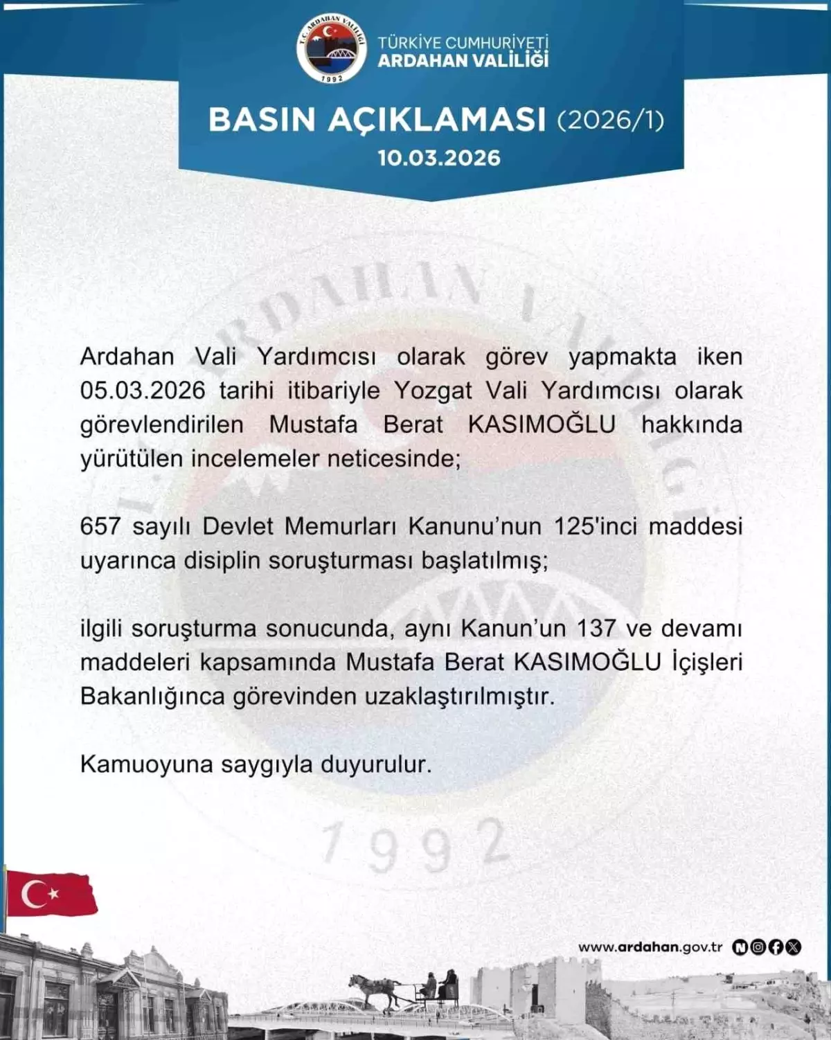 Vali Yardımcısı Kasımoğlu Görevden Uzaklaştırıldı