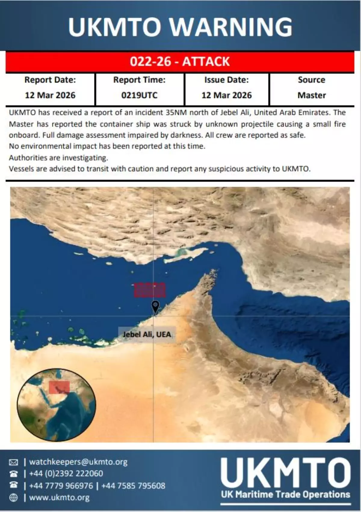 Cebel Ali\'de Gemiye Şüpheli Saldırı