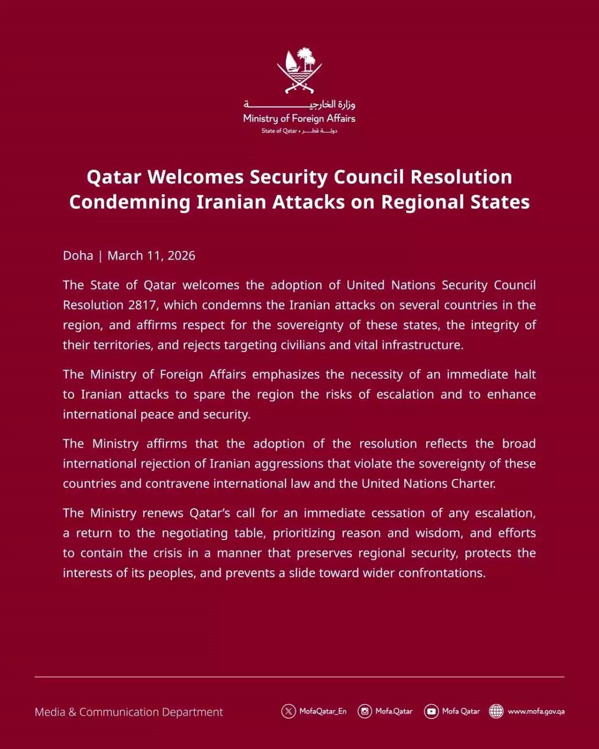 Katar\'dan İran\'a Karşı BM Kararına Destek