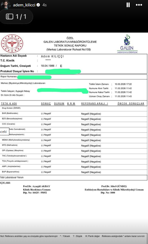 Adem Kılıçcı iddialara karşı kendi yaptırdığı test sonucunu paylaştı Adem Kılıçcı iddialara karşı kendi yaptırdığı test sonucunu paylaştı