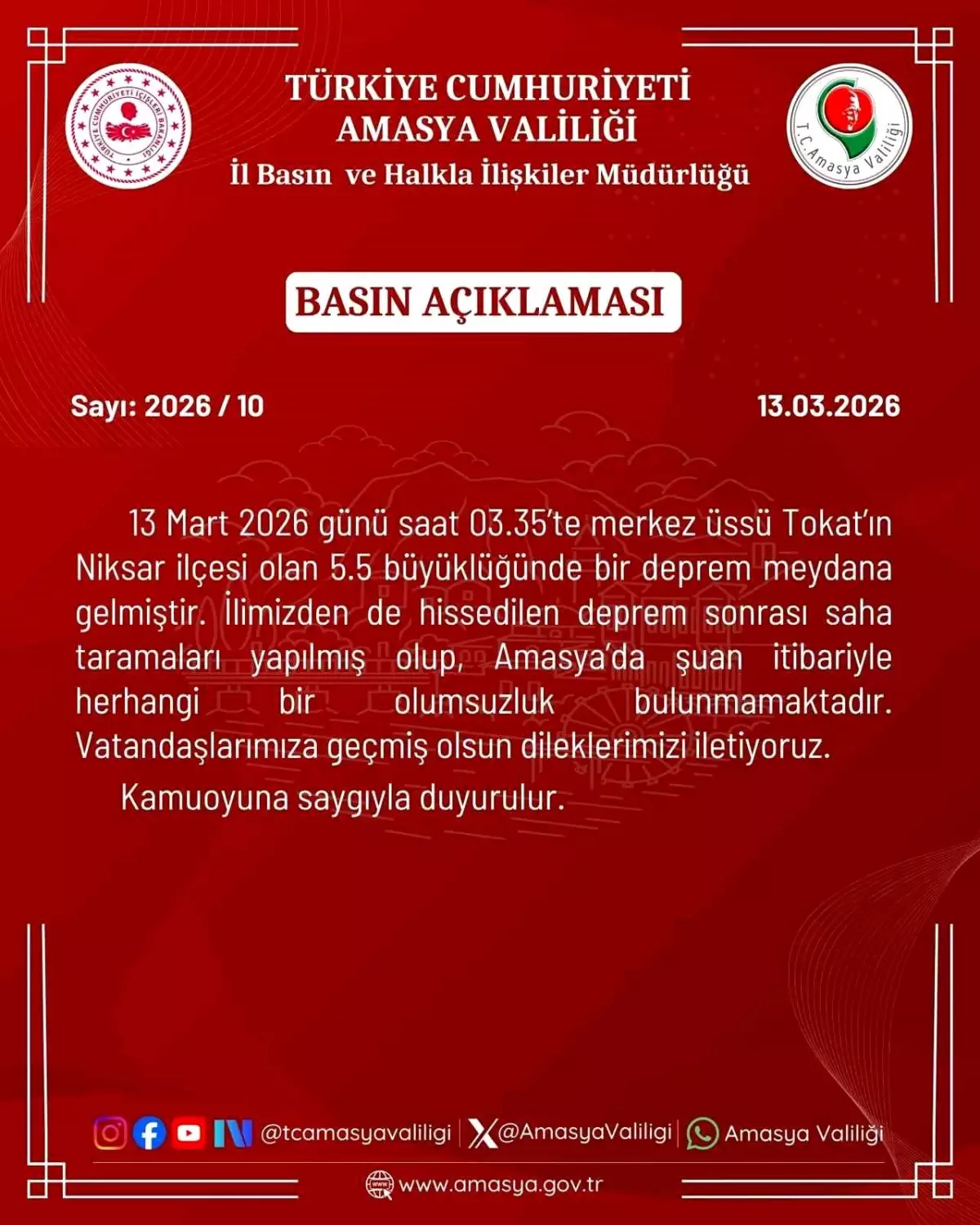 Amasya\'da Deprem Olumsuz Etki Yapmadı