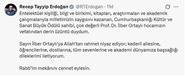 Cumhurbaşkanı Erdoğan’dan İlber Ortaylı için taziye mesajı