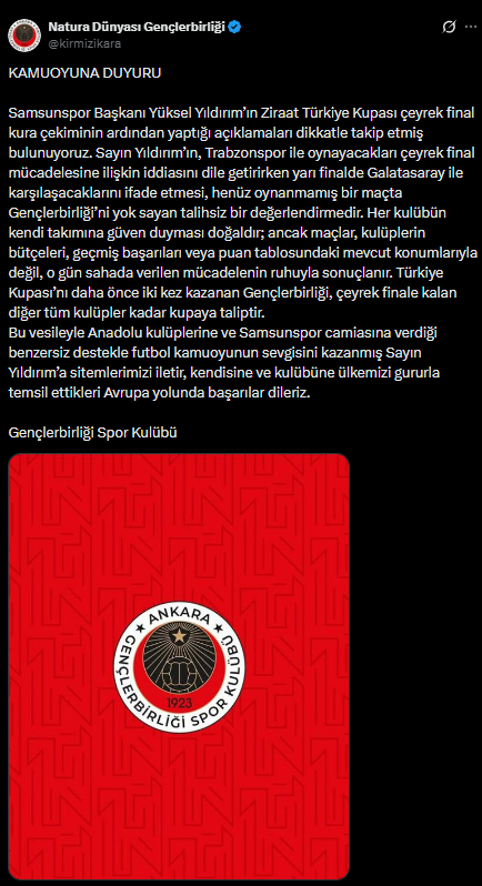 Gençlerbirliği'nden Yüksel Yıldırım'a çok sert tepki