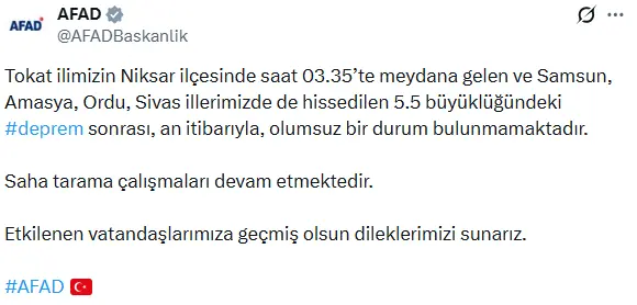 Tokat'ta 5.5 büyüklüğünde deprem