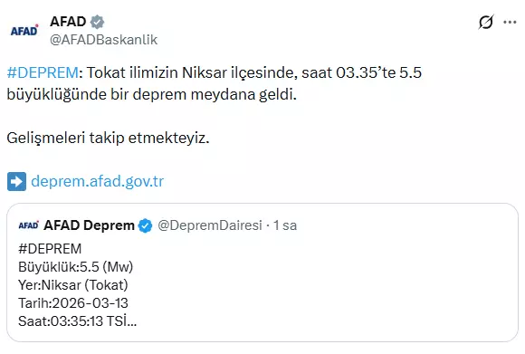 Tokat'ta 5.5 büyüklüğünde deprem