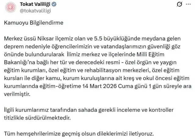 Tokat’ta Eğitime Ara Verildi