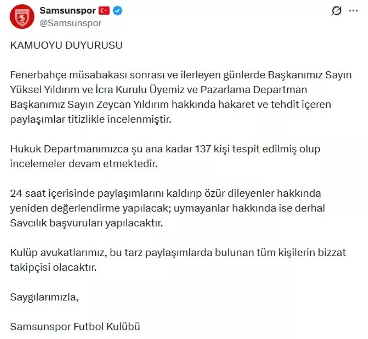 Samsunspor\'dan Hakaret ve Tehdit Uyarısı