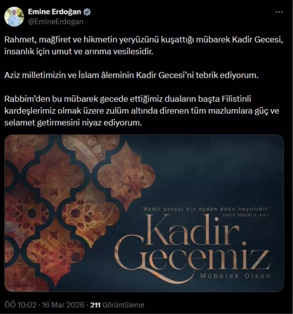 Emine Erdoğan\'dan \'Kadir Gecesi\' mesajı