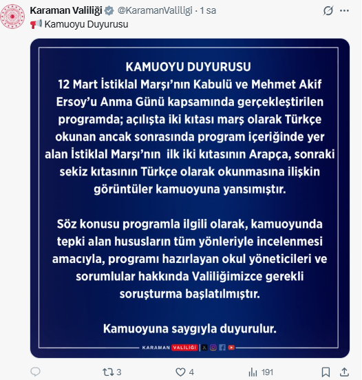 İstiklal Marşı'nın Arapça okunmasına soruşturma İstiklal Marşı'nın Arapça okunmasına soruşturma