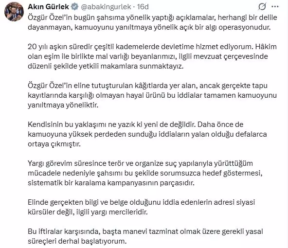 Akın Gürlek'ten Özgür Özel'in mal varlığı iddialarına yanıt: Hepsi hayal ürünü