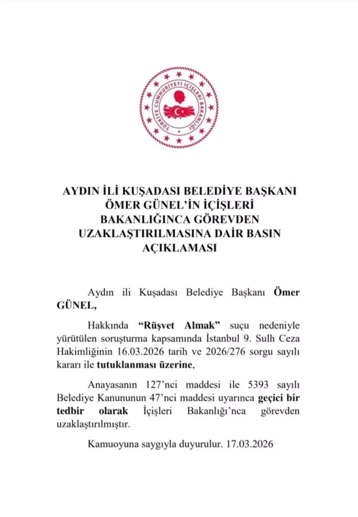 Kuşadası Belediye Başkanı Ömer Günel görevden uzaklaştırıldı