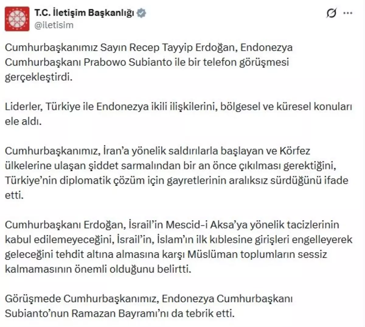 Cumhurbaşkanı Erdoğan, Endonezya Cumhurbaşkanı Subianto ile telefon görüşmesi gerçekleştirdi