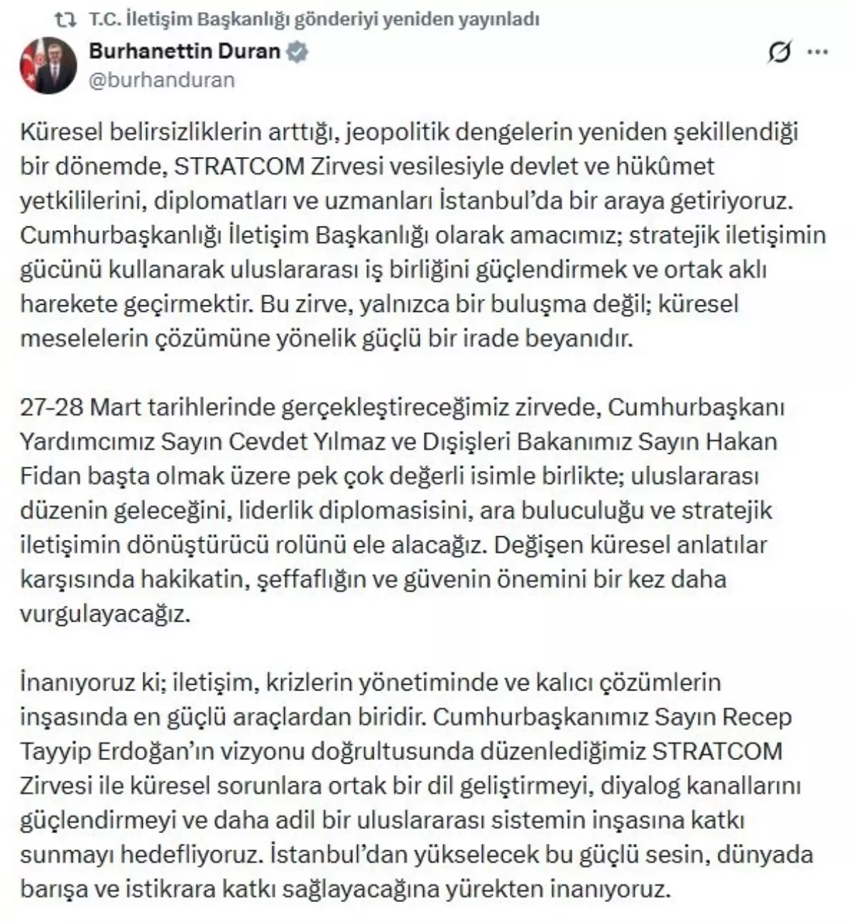 Burhanettin Duran: Küresel sorunlara ortak bir dil geliştirmeyi hedefliyoruz