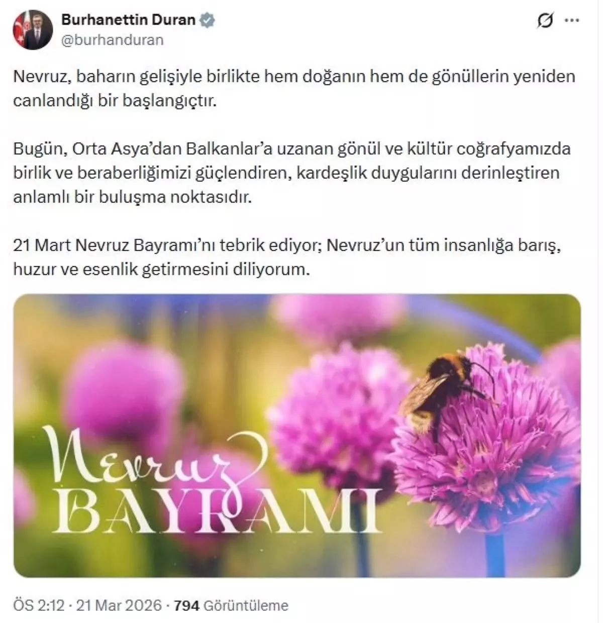 Burhanettin Duran\'dan Nevruz Mesajı