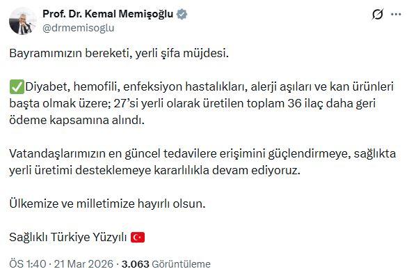 Sağlık Bakanı Memişoğlu: 36 ilaç daha geri ödeme kapsamına alındı Sağlık Bakanı Memişoğlu: 36 ilaç daha geri ödeme kapsamına alındı