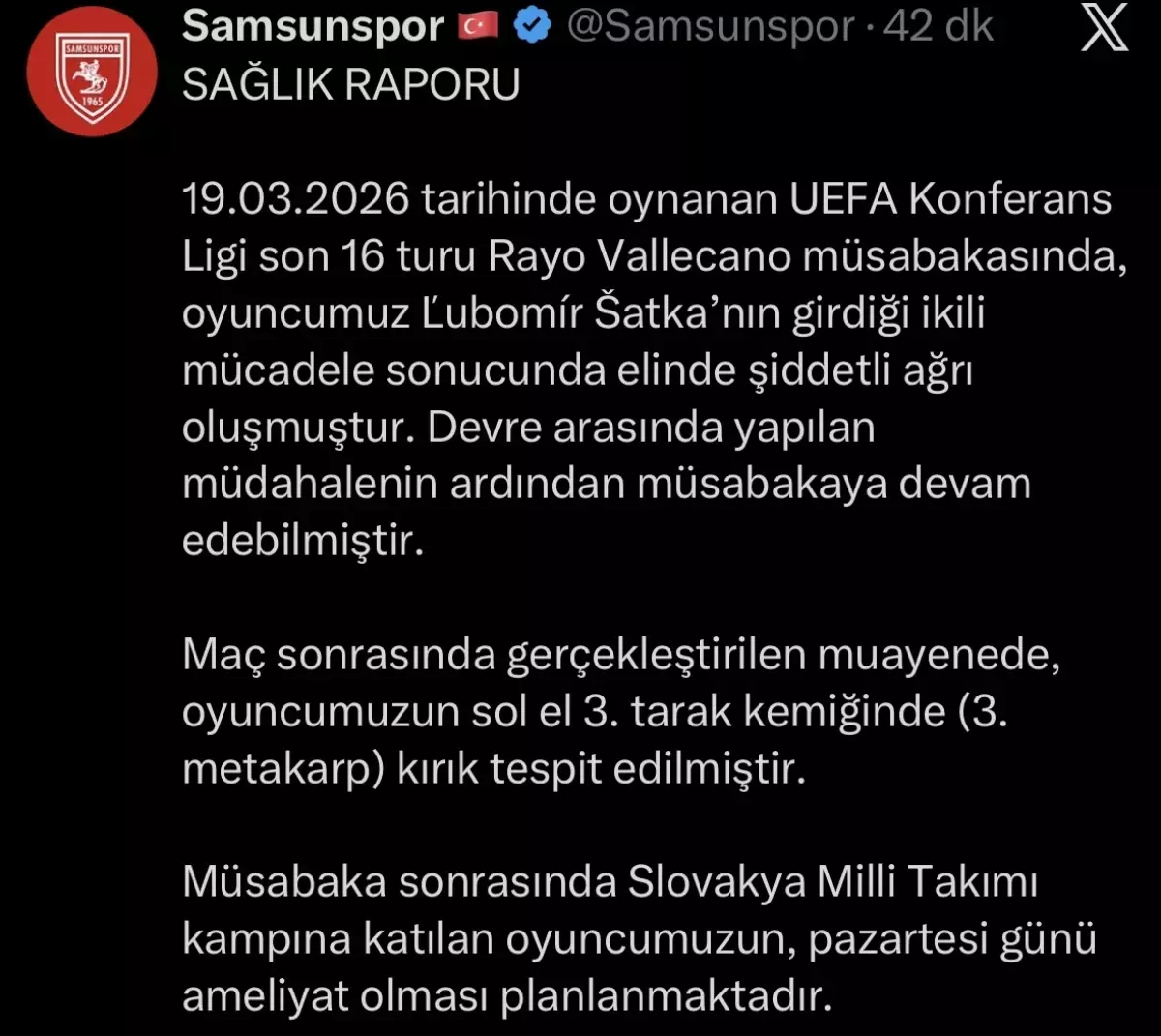 Samsunspor\'da Satka\'nın Elinde Kırık