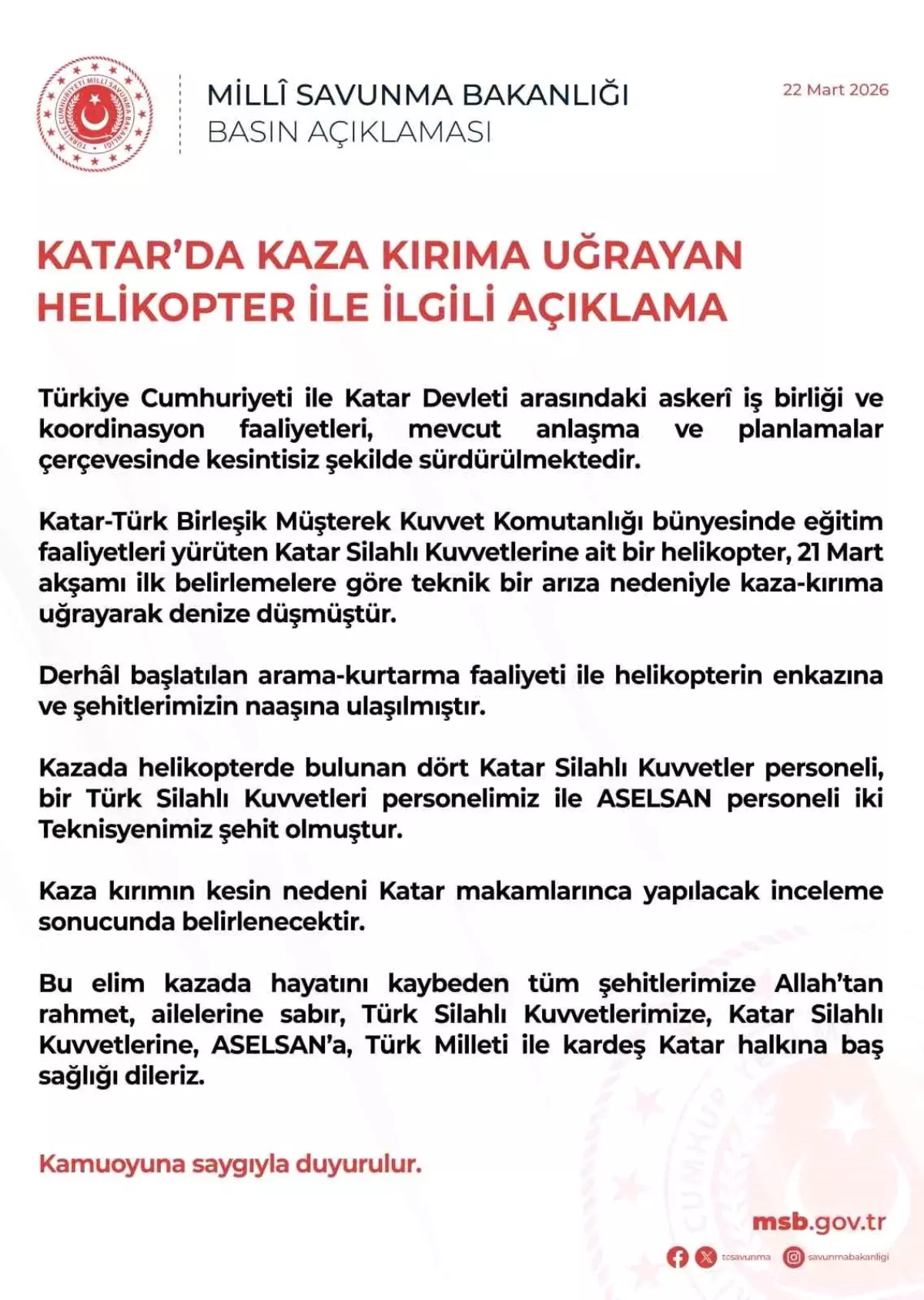 Katar\'da askeri helikopter kazası: 3 Türk personel şehit