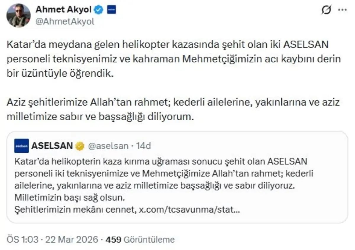 ASELSAN Genel Müdürü Akyol\'dan Taziye Mesajı