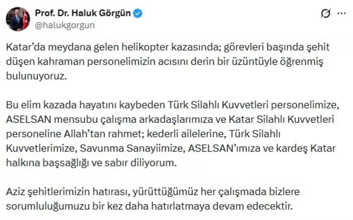 Katar\'daki Helikopter Kazasında Şehit Olanlara Taziye Mesajları