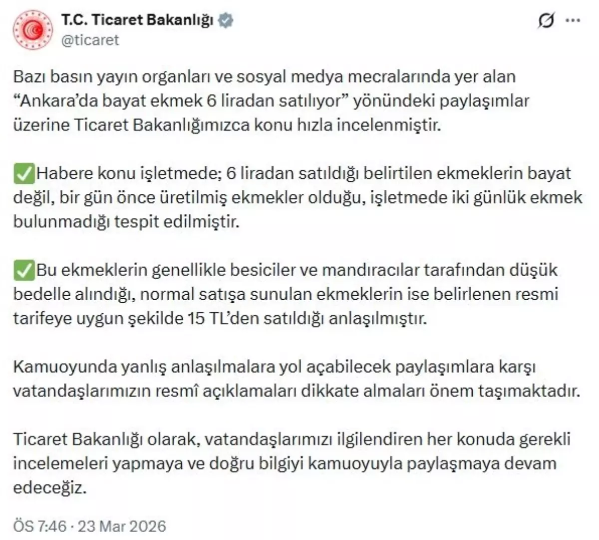 Ticaret Bakanlığı\'ndan Ekmeğin Fiyatı Açıklaması