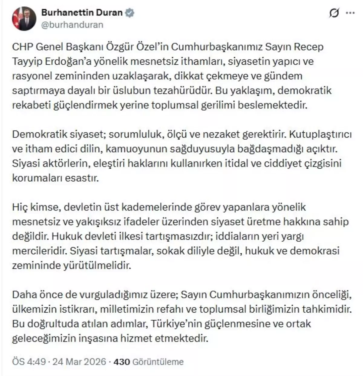 Burhanettin Duran: Demokratik siyaset; sorumluluk, ölçü ve nezaket gerektirir