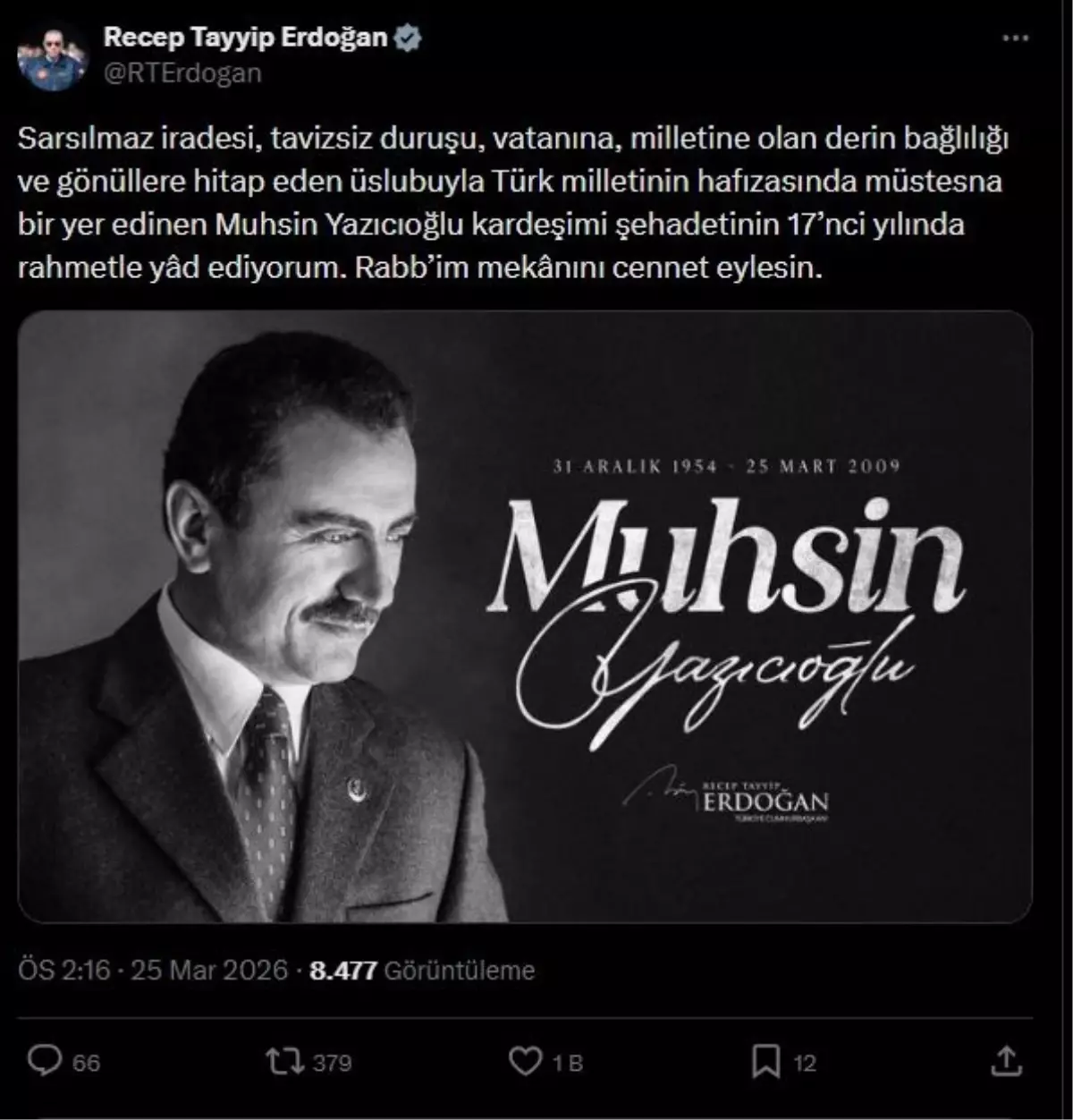 Cumhurbaşkanı Erdoğan, Muhsin Yazıcıoğlu\'nu andı