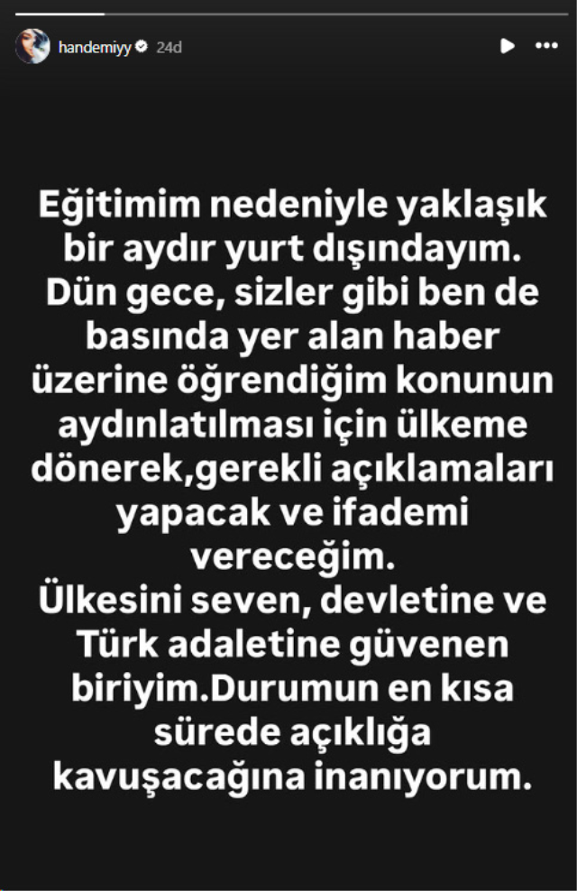 Hakkında yakalama kararı çıkarılan Hande Erçel'den ilk açıklama