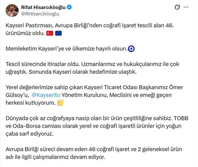 Kayseri Pastırması AB Tescili Aldı