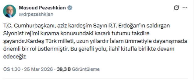 Pezeşkiyan'dan Cumhurbaşkanı Erdoğan'a Türkçe mesaj