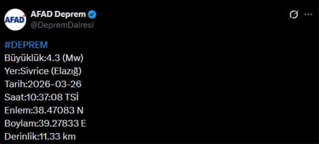 Elazığ'da 4.3 büyüklüğünde deprem