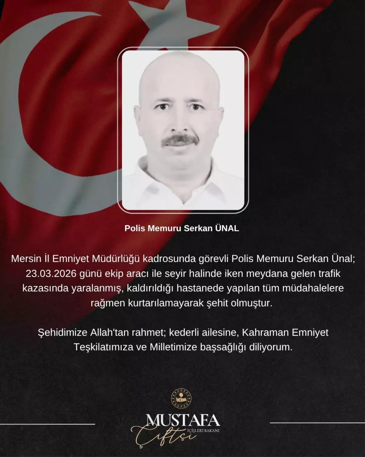 Mersin\'de trafik kazasında yaralanan polis memuru şehit oldu