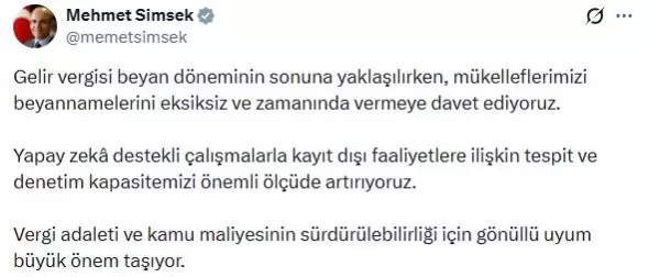Bakan Şimşek’ten Vergi Beyanı Çağrısı
