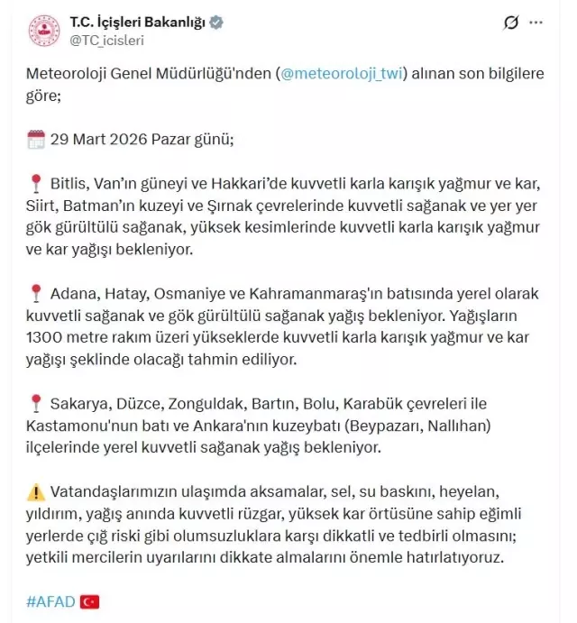 İçişleri Bakanlığından 18 il için kar ve sağanak uyarısı