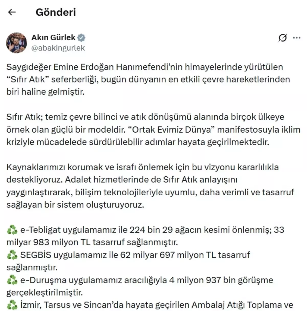 Adalet Bakanı\'ndan Sıfır Atık Vurgusu