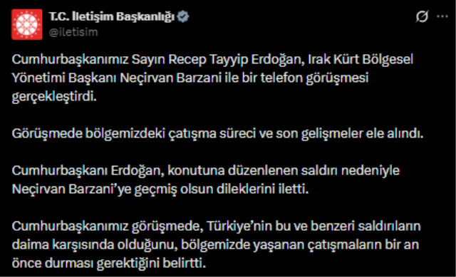 Cumhurbaşkanı Erdoğan, konutuna saldırı düzenlenen IKBY Başkanı Neçirvan Barzani ile görüştü