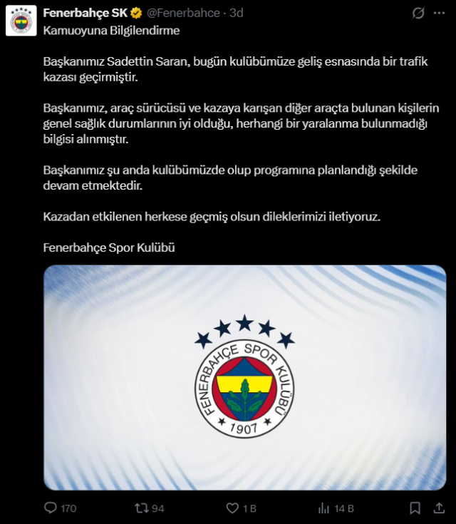 Fenerbahçe Başkanı Sadettin Saran trafik kazası geçirdi! Kulüpten açıklama var 