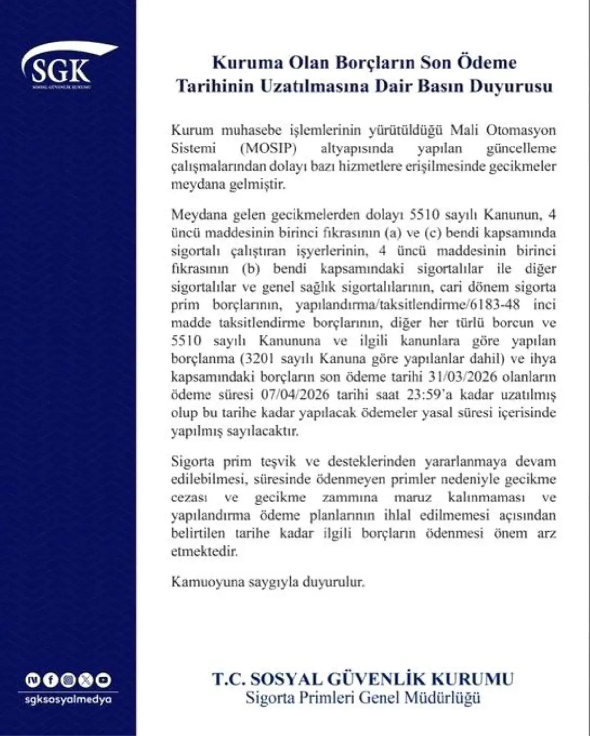 SGK Borç Ödeme Tarihini Uzattı