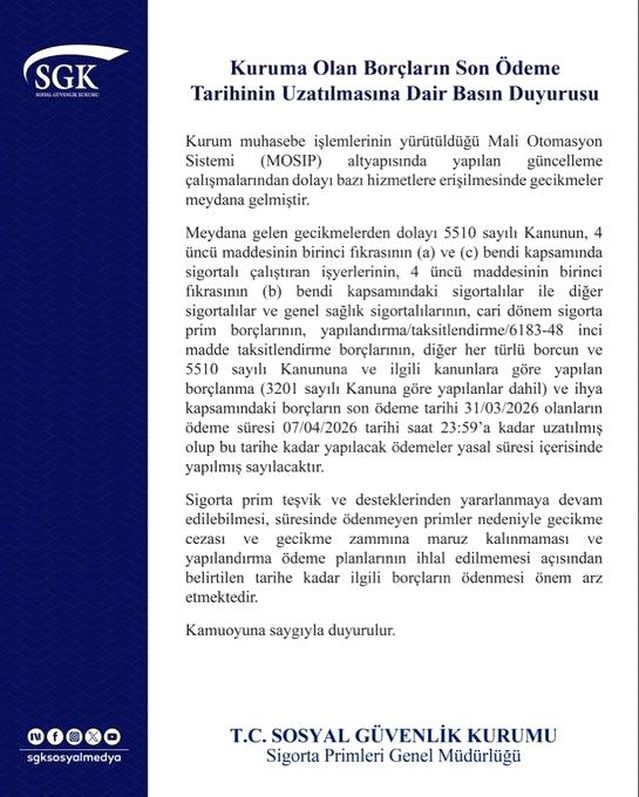 SGK Borç Ödeme Tarihini Uzattı