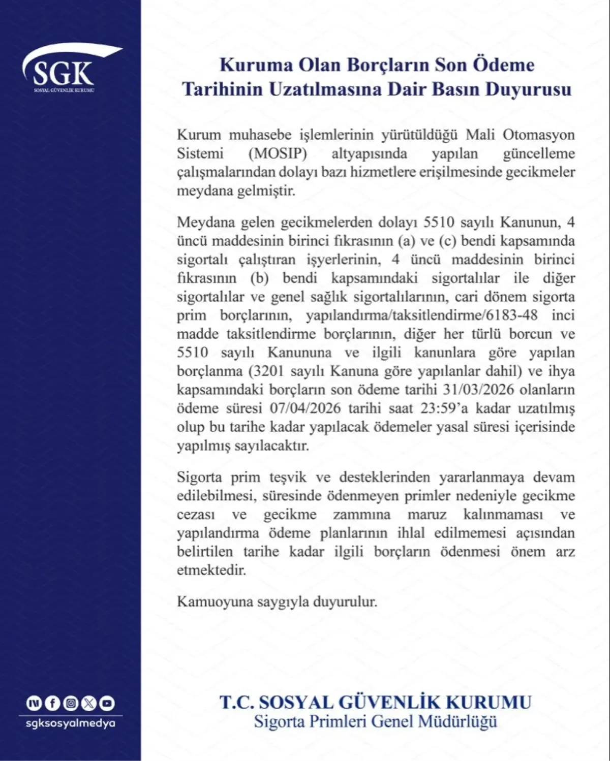 SGK\'dan Borç Ödemelerine Uzatma