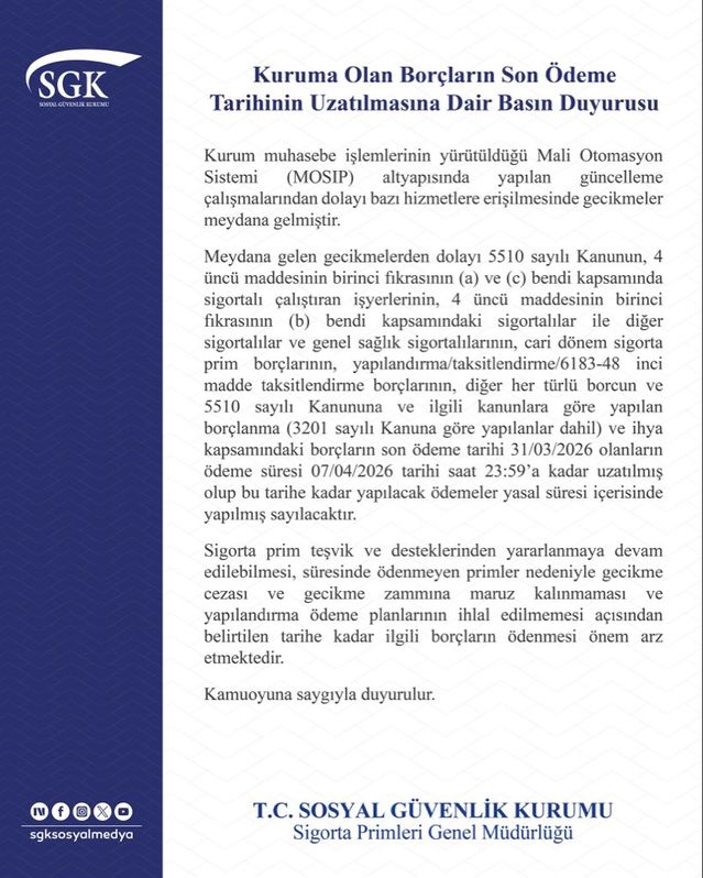 SGK’dan Borç Ödemelerine Uzatma