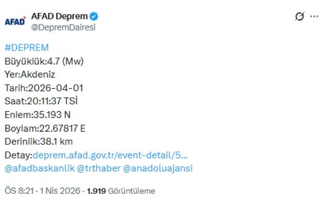 Akdeniz'de 4.7 büyüklüğünde deprem
