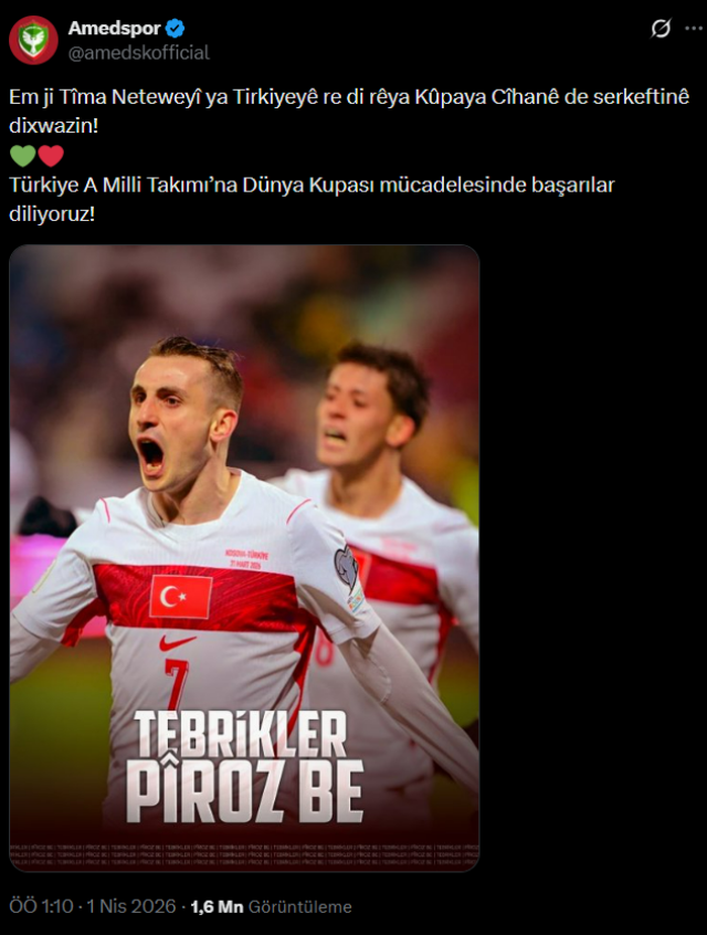 Amedspor'dan A Milli Takım için Kürtçe kutlama! Düşülen not dikkat çekti 