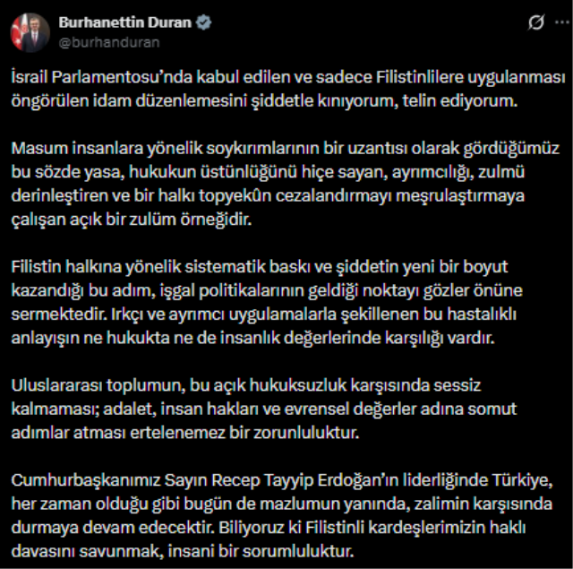 İletişim Başkanı Duran'dan İsrail Meclisinde kabul edilen Filistinlilere yönelik idam cezası yasasına tepki