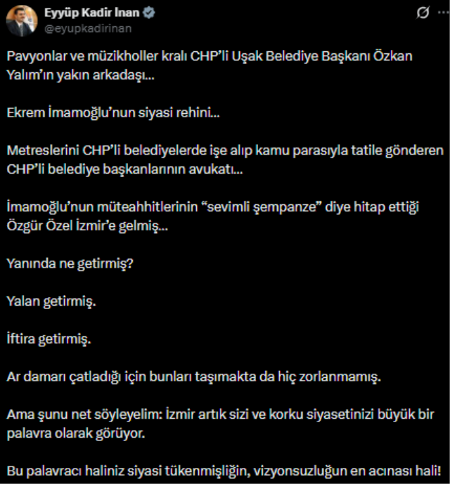AK Parti Genel Sekreteri İnan’dan CHP lideri Özel’e: Metreslerini işe alan belediye başkanlarının avukatı