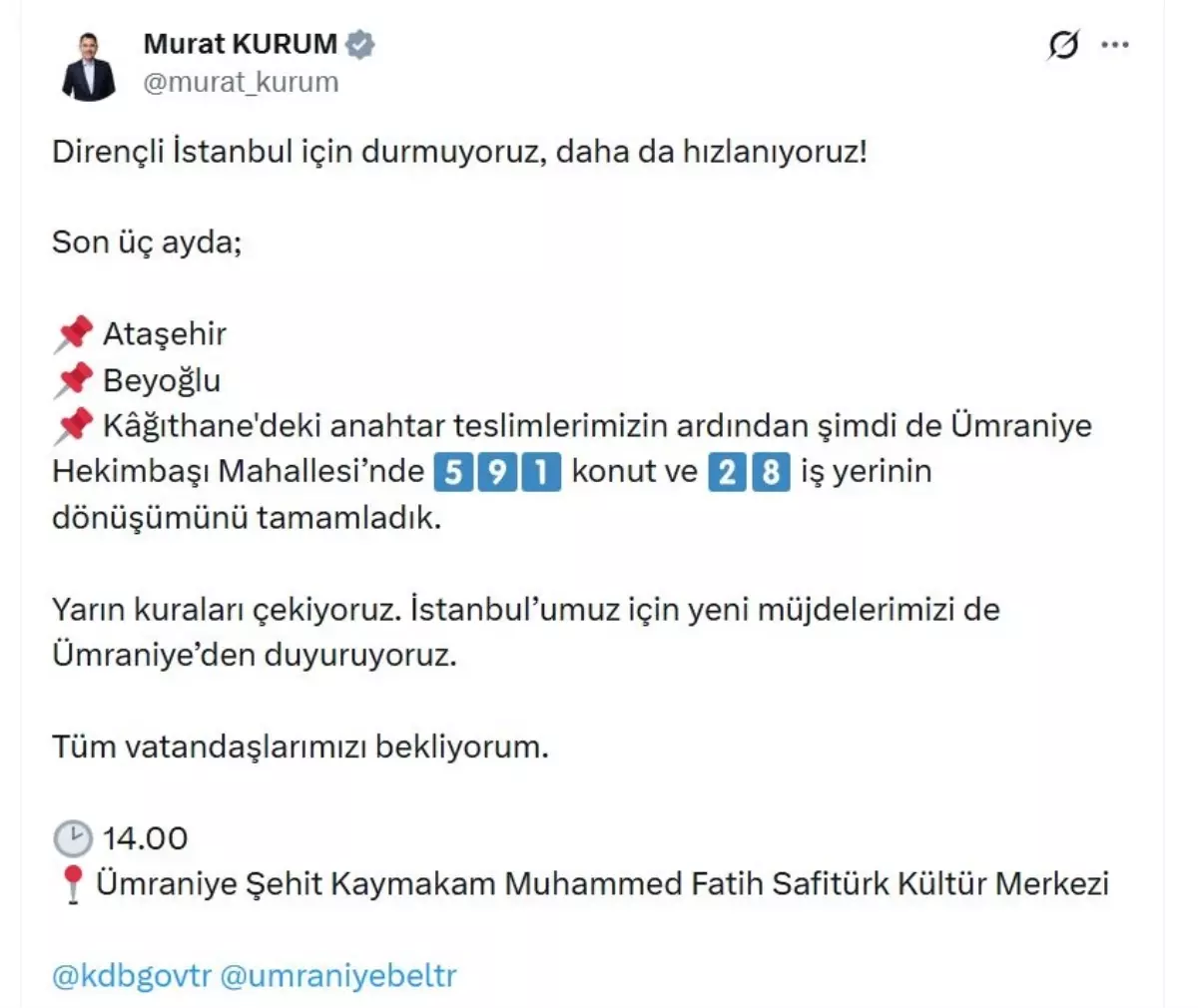 Bakan Kurum: Ümraniye\'de 591 konut ve 28 iş yerinin dönüşümünü tamamladık